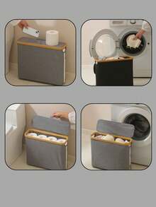 1pc Large Capacity Foldable Covered Toilet Paper Holder - Space-Saving Bathroom Storage Box, Durable Composite Frame With Gray Fabric Surface, Modern Home Organization, Toilet Paper Storage Container. - Multicolor - View 7