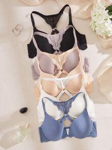 SHEIN 性感蕾絲前扣式女款內衣套裝 5件組 - 彩色 - 查看 1
