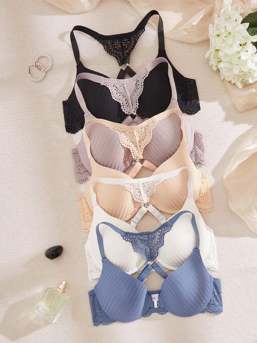 SHEIN 性感蕾絲前扣式女款內衣套裝 5件組 - 彩色 - 查看 1