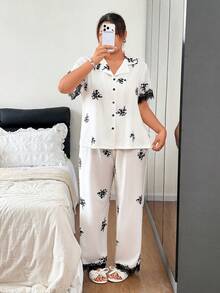 Napfluff CURVE Napfluff CURVE Plus Size Women's Eyelash Lace Trim Print Open Front Pajama 2-Piece Set - White - View 3