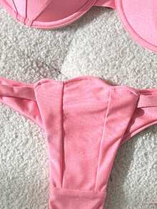 Swim Mod Conjunto sexy de 2 piezas con copa rígida de patchwork de pétalos, cuello halter y tirantes desmontables, color liso - Rosa - View 6