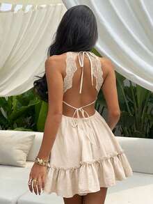 Sunnyshic Women's Lace Trim Tie-Front Dress Beach Vacation Pink Summer Tropical Sexy - Beige - View 2