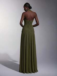 Elitara Elegant, , Fashionable Elastic Mesh Halter Neck Ruched Decor A-Line Dress, Party Wedding Guest Orange Color, And Graceful Bridesmaid - Army Green - View 2
