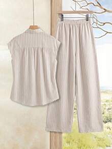 Rusticease 2pcs/Set Women's Round Neck Solid Color Sleeveless Top And Pink And White Striped Pants Casual Vacation Outfit Brunch Summer - Khaki - View 3