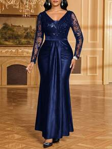 Fleurora Women's Elegant Party Sequin Embroidery Mesh Patchwork Fishtail Dress - Navy Blue - View 7