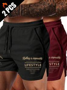 GymBeat Men's Letter Print Drawstring Waist Sports Shorts, Gym - Black - View 1