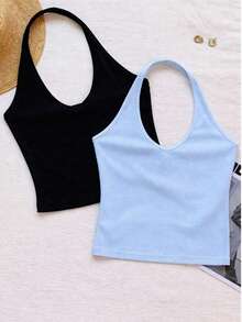 Women's 2-PACKS Ribbed Knit Halter Neck Crop Slim Top Set, Stretchy Slim Fit Summer Fashion Basic - Baby Blue - View 4