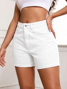 SHEIN PETITE 女款休閒百搭牛仔短褲，附口袋 - 白色 - 查看 3