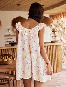Lullawish Bohemian Vacation Style Romantic Floral Home Lace Patchwork Ruffle Trim Mini A-Line Women's Nightgown - Multicolor - View 2