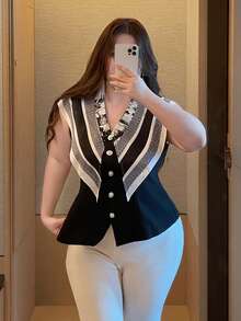 Vibekara 女款大尺碼 2026 夏季休閒優雅不對稱領短袖上衣，斜肩開衩袖，寬鬆時尚襯衫，復古日落度假印花蝙蝠袖上衣，新品上市，適合日常通勤、大學、外出、度假、辦公室、約會 - 黑與白 - 查看 7