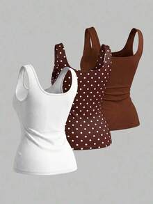 Sweetra Damen Große Größen Lässig Basic Quadratischer Ausschnitt Tanktop, Weiß Schokoladenbraun Mehrteiliges Set für Sommer, Alltag Date Night Büro Formell Urlaub - Verschiedenfarbig - Übersicht 2