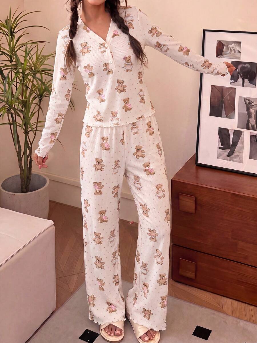 SHEIN Tween女孩可愛甜美簡約卡通熊蝴蝶結波點印花圓領長袖褲裝柔軟舒適居家休閒睡衣套裝2件組 - 米色 - 查看 1