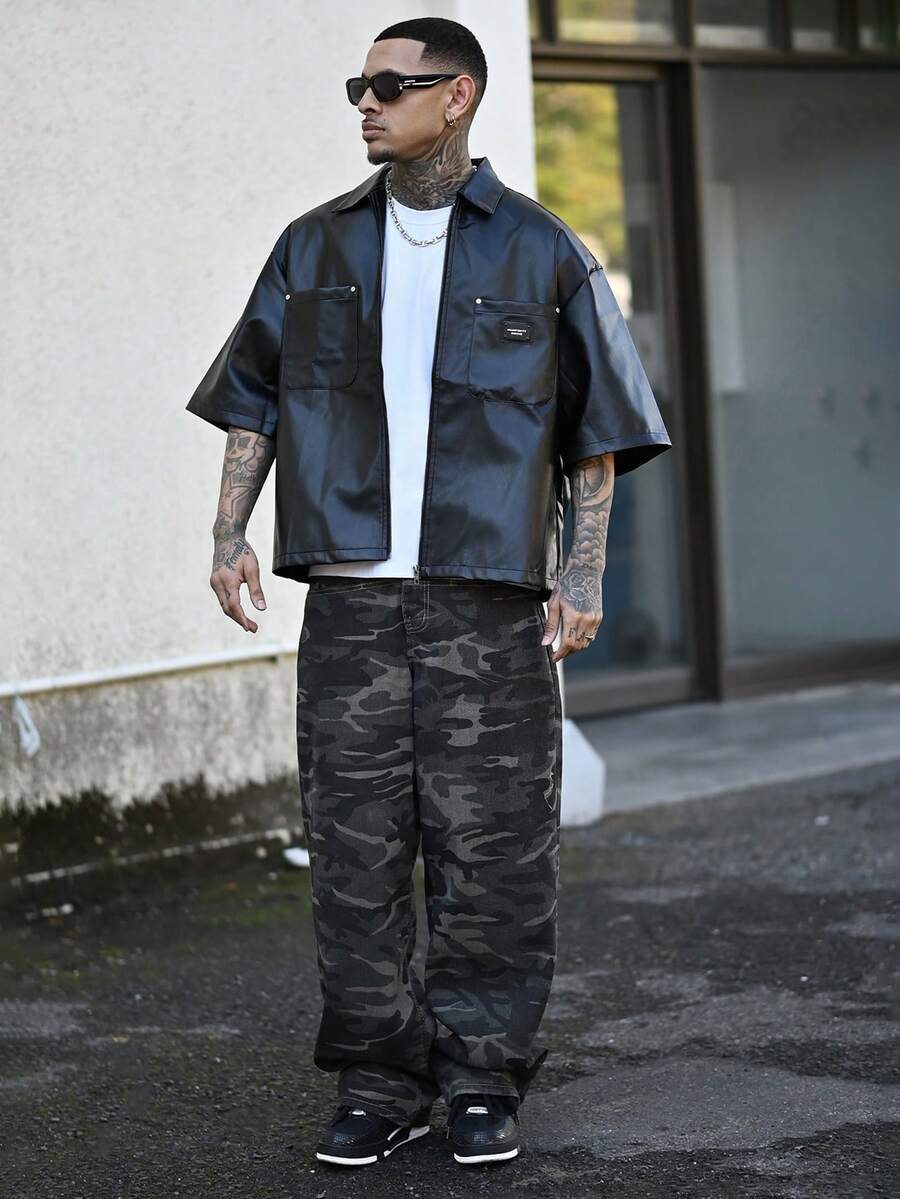 Devon Thys 男士复古街头迷彩阔腿牛仔裤