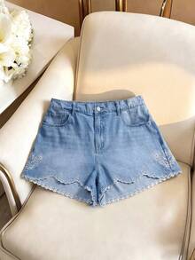 GlowEve CURVE Plus Size Women's Spring/Summer Embroidered Denim Shorts Vacation Beach Light Blue Casual - Light Wash - View 3