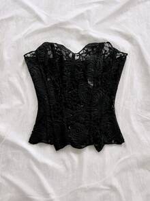 Soleia 歐美年輕度假風性感前衛抹胸蕾絲雙層修身魚骨束胸衣 Bustier Ins 風格白色鏤空刺繡塑身女上衣，適合深夜外出、婚禮賓客禮服，秋季女裝 - 黑色 - 查看 5