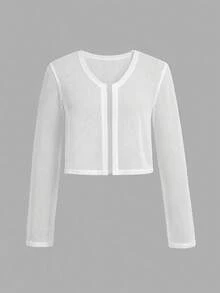 SHEIN Tween女孩秋季新款白色針織半透薄款開襟衫 - 白色 - 查看 7