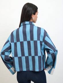 Nöista Women's Striped Cropped Jacket In Warm Pink And Rust Tones With Contrast Patch Pockets And Relaxed Fit. Lightweight Cotton Fabric With Button-Front Closure And Modern Boxy Silhouette-Perfect For Spring Layering, Casual Chic Outfits, Everyday Wear, Summer Styling, And Transitional Seasons. - Blue - View 3