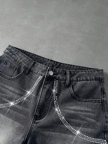 ROMWE MEN Street Life Men's Casual Denim Shorts With Pocket, Button And Rhinestone Decor, Versatile For Daily Wear And Travel - Black - View 3