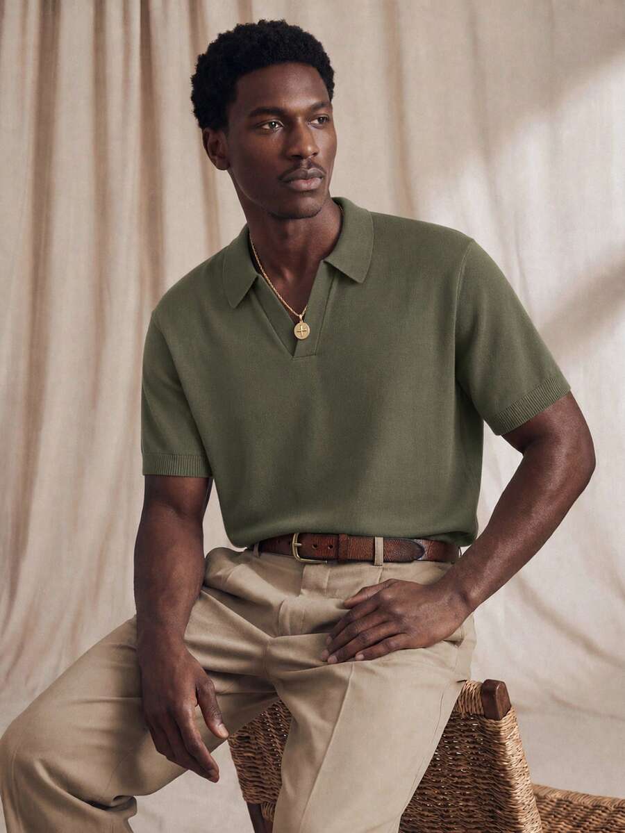Vientiro 男士休闲纯色短袖针织毛衣,学校 - 橄欖綠 - 查看 1
