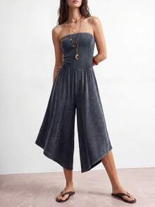 Bohemela Damen Lässig einfarbiger Strick Bandeau-Top & Weite Bein Jumpsuit - Schwarz - Übersicht 4
