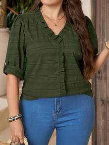 Linhara CURVE Women's Plus Size Casual V-Neck Top, Summer Outing Blouse - Army Green - View 5