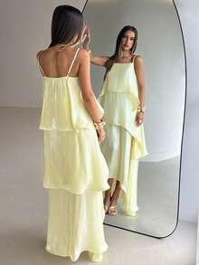 Aloruh Vestido azul de tirantes finos de unicolor elegante para vacaciones - Verde - Ver 7