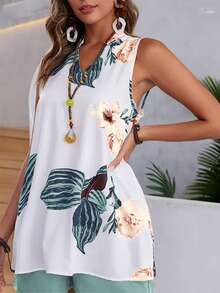 EMERY ROSE 2pcs/Set Women's Tropical Plant Print V-Neck Sleeveless Top And Shorts Suit, Vacation - Green - View 6