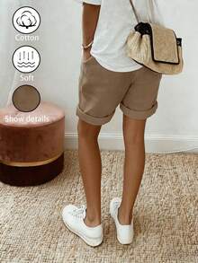 SHEIN Holidaya Women's Spring/Summer Textured Linen Elastic Waist Casual Shorts, Natural Crinkled Fabric, Side Button Rolled Hem, Loose Straight Leg, Holiday Khaki - Khaki - View 2