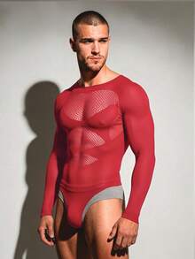 DSELFIQUE Men's Sexy Hollow-Out Patchwork Jumpsuit - Red - View 2