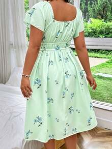 SHEIN MOOSTA Plus Size Women's Floral Digital Print Dress With Drawstring Chest And Elastic Waist - Mint Green - View 2