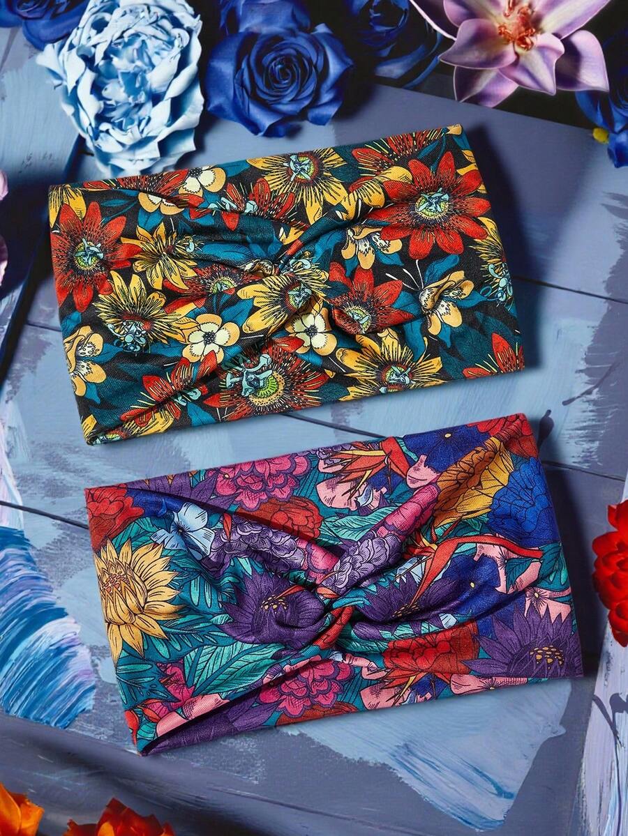 Frida Kahlo X SHEIN 2件組時尚印花彈性髮帶，適用於運動與休閒造型、洗臉、花朵設計、多色，女童適用 - 彩色 - 查看 1