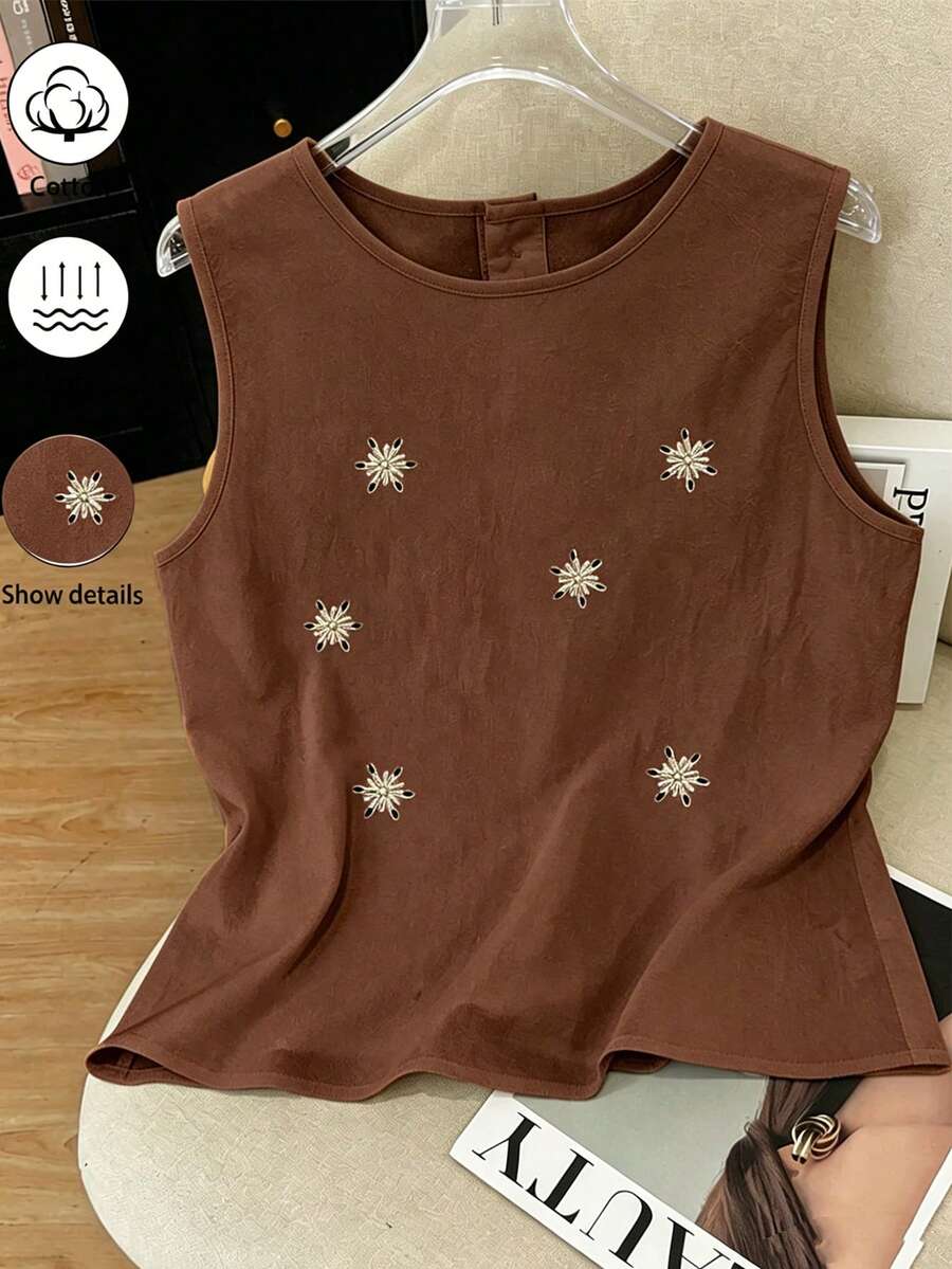 Everyssa 女款夏季無袖法式刺繡亞麻上衣 - 咖啡棕 - 查看 1
