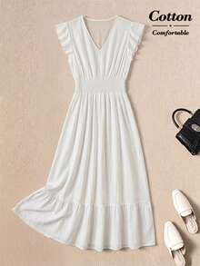 Rusticease Women's Solid Color V-Neck Flutter Sleeve Dress For Vacation Summer Dress Going Out Outfits - White - View 2