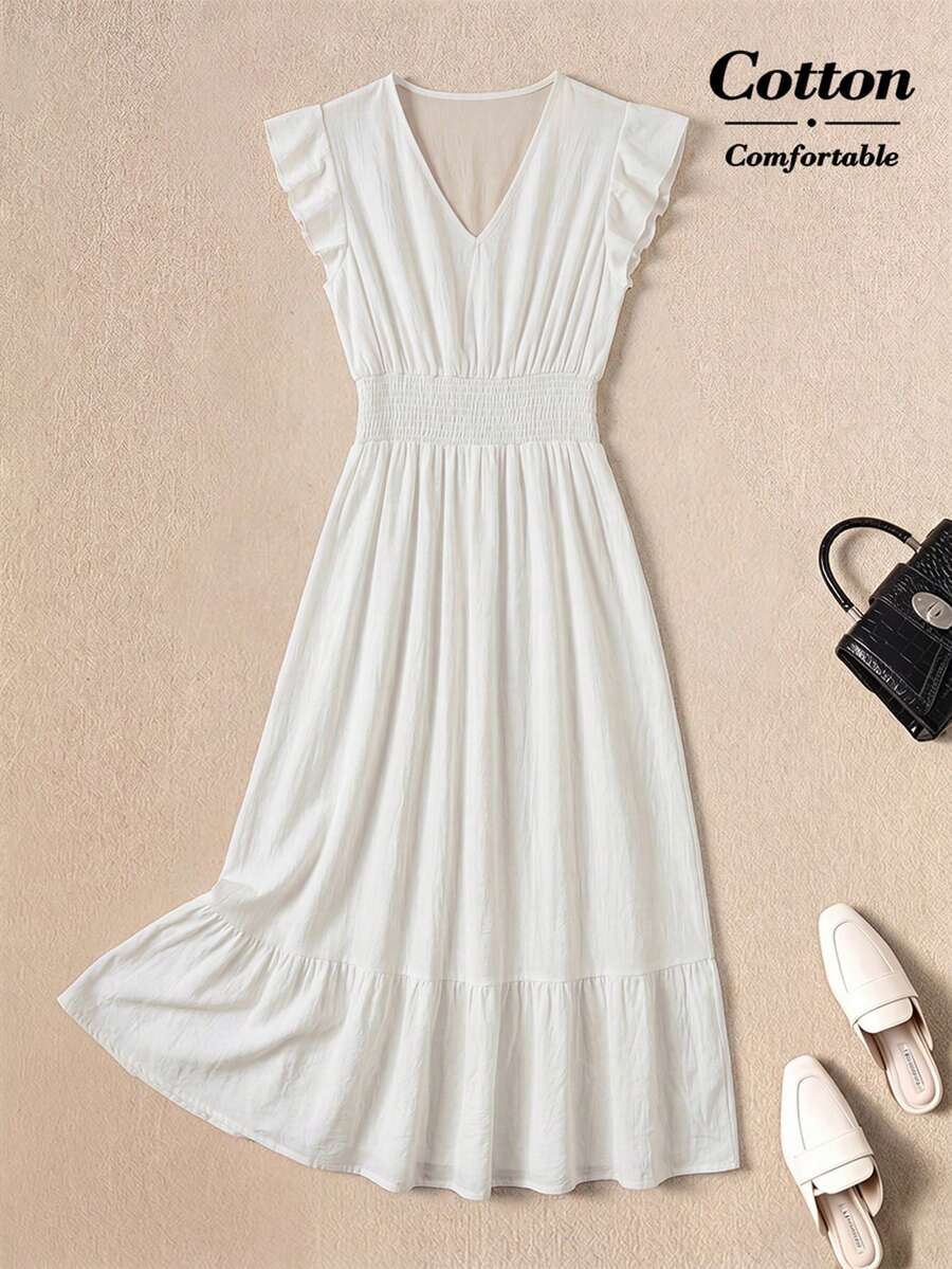 Rusticease Women's Solid Color V-Neck Flutter Sleeve Dress For Vacation Summer Dress Going Out Outfits