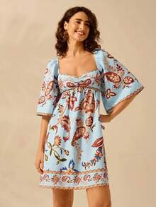 CAJUNI Women's Boho Tropical Floral Print, Vintage Holiday Casual Short Dress - Baby Blue - View 3