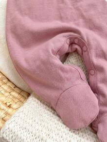SHEIN Newborn Baby Boy/Girl Baby Girl 1pc Fall Outfits Long Sleeve Round Neck Bow Letter Embroidery Jumpsuit - Pink - View 4