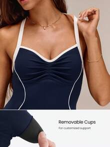 GLOWMODE FeatherFit™-Air RallyGlow UPF50+ Sweat-Wicking Ruched Bust Open Back A-Line Dress With Removable Cups & Shorts Tennis Golf Pickleball Daily Wear - Navy Blue - View 5