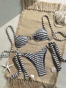 Swim Vcay 女款兩件式比基尼套裝，紋理多色面料，掛脖綁帶上衣，可愛三角泳褲，海星裝飾，熱銷海灘度假休閒優雅情人節派對比基尼套裝，假期優雅海灘穿搭 - 彩色 - 查看 2