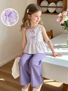 SHEIN Elladie kids 女童新款清新田園風細碎花兩件套，粉色蝴蝶結裝飾無袖背心上衣 + 粉色紋理布料寬腿長褲，甜美可愛時尚日常穿搭，夏季 - 紫色 - 查看 4