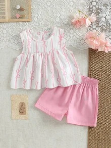 SHEIN Baby Girl Summer Round Neck Sleeveless Bow Print Top With Solid Color Elastic Waist Loose Shorts Sweet Cute 2pcs Set - Multicolor - View 9