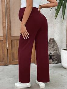 SHEIN 孕婦純色可調腰圍休閒長褲 - 酒紅色 - 查看 2