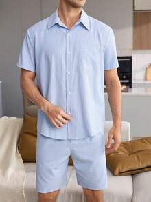 CoupledUp Cute Solid Color Casual Woven Striped Square Neck Short Sleeve Button-Up Shorts Men's Loungewear Set - Blue - View 4
