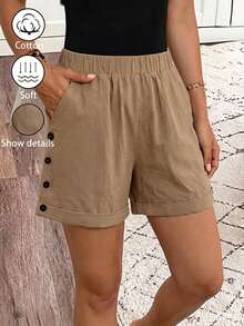 SHEIN Holidaya Women's Spring/Summer Textured Linen Elastic Waist Casual Shorts, Natural Crinkled Fabric, Side Button Rolled Hem, Loose Straight Leg, Holiday Khaki - Khaki - View 6