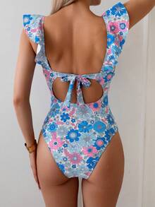 Swim Vcay 女款夏季度假海灘碎花荷葉邊繫帶連身泳衣套裝 - 藍色 - 查看 2
