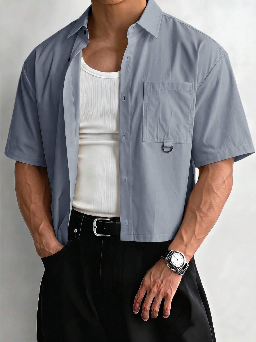 ESTAVOR Men's Woven Fashion Casual Loose Short Sleeve Shirt - Blue - View 1