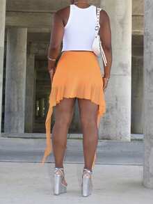 Steph T Spring Ruched Ruffle Trim Ruffle Hem Mesh Black Skirt - Orange - View 2