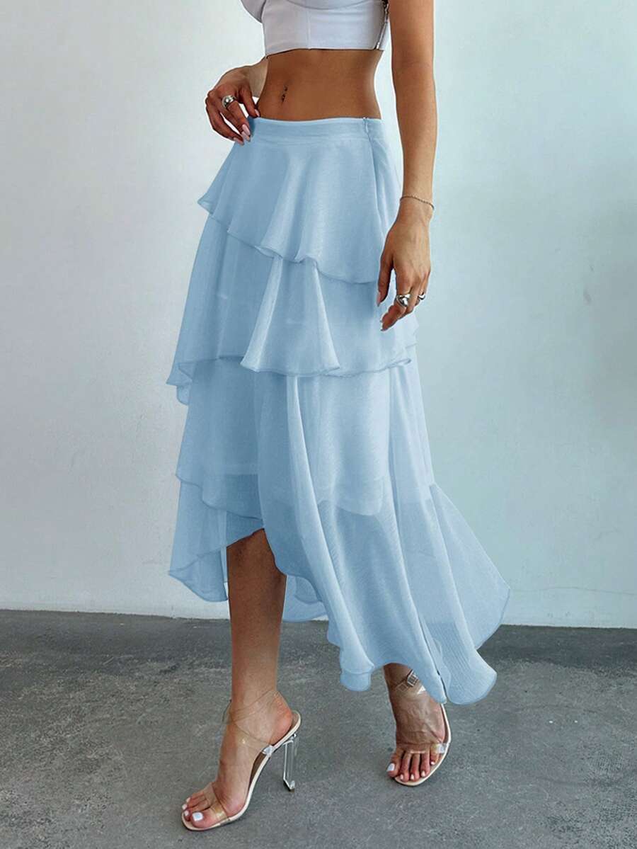 Firerie Layered Ruffle Hem Flared Skirt - Baby Blue - View 1