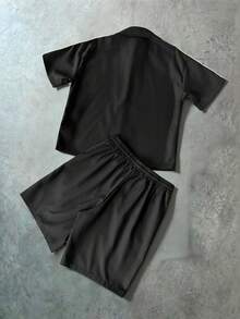 PAVTROS Men's Star Print Zipper Placket Short Sleeve Shirt And Drawstring Waist Shorts Set - Black - View 5