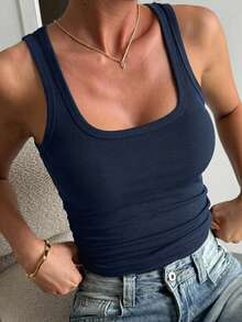 DAZY Women's Solid Color Square Neck Ribbed Slim Fit Casual Tank Top Summer - Navy Blue - View 5
