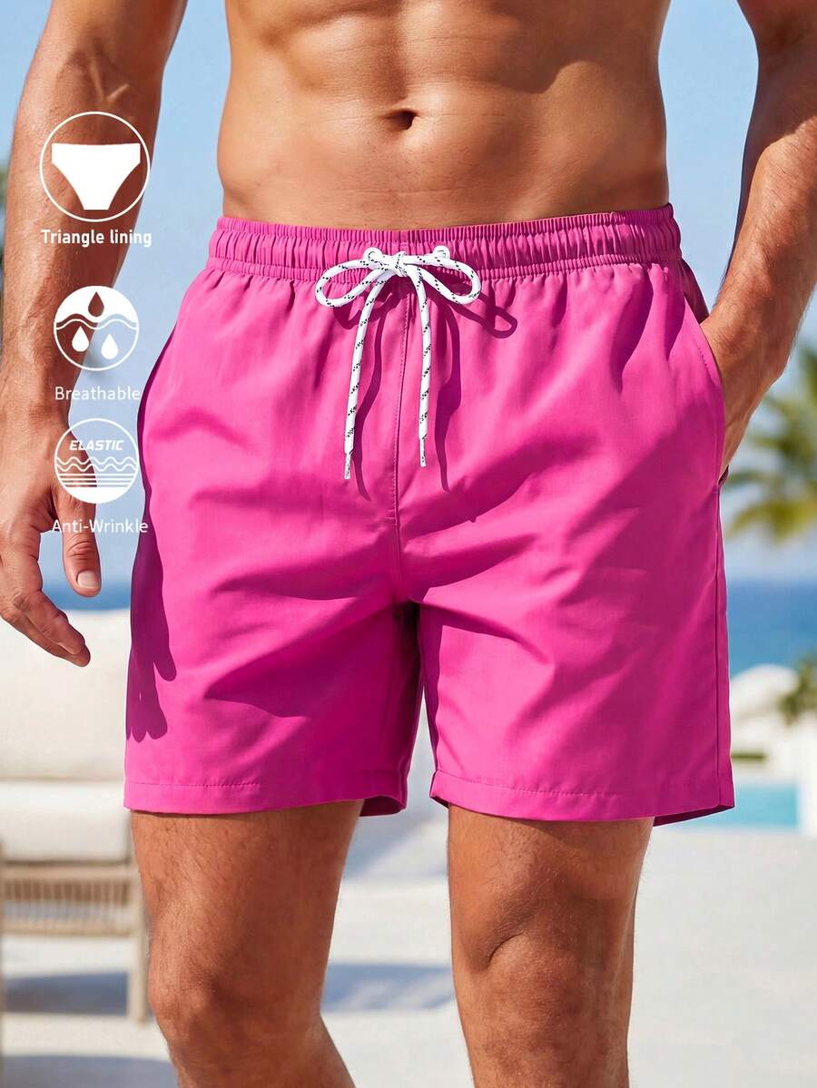 Manfinity KASUA Men Slant Pockets Drawstring Waist Swim Trunks Beach Shorts, Hawaiian, Holiday - Hot Pink - View 1